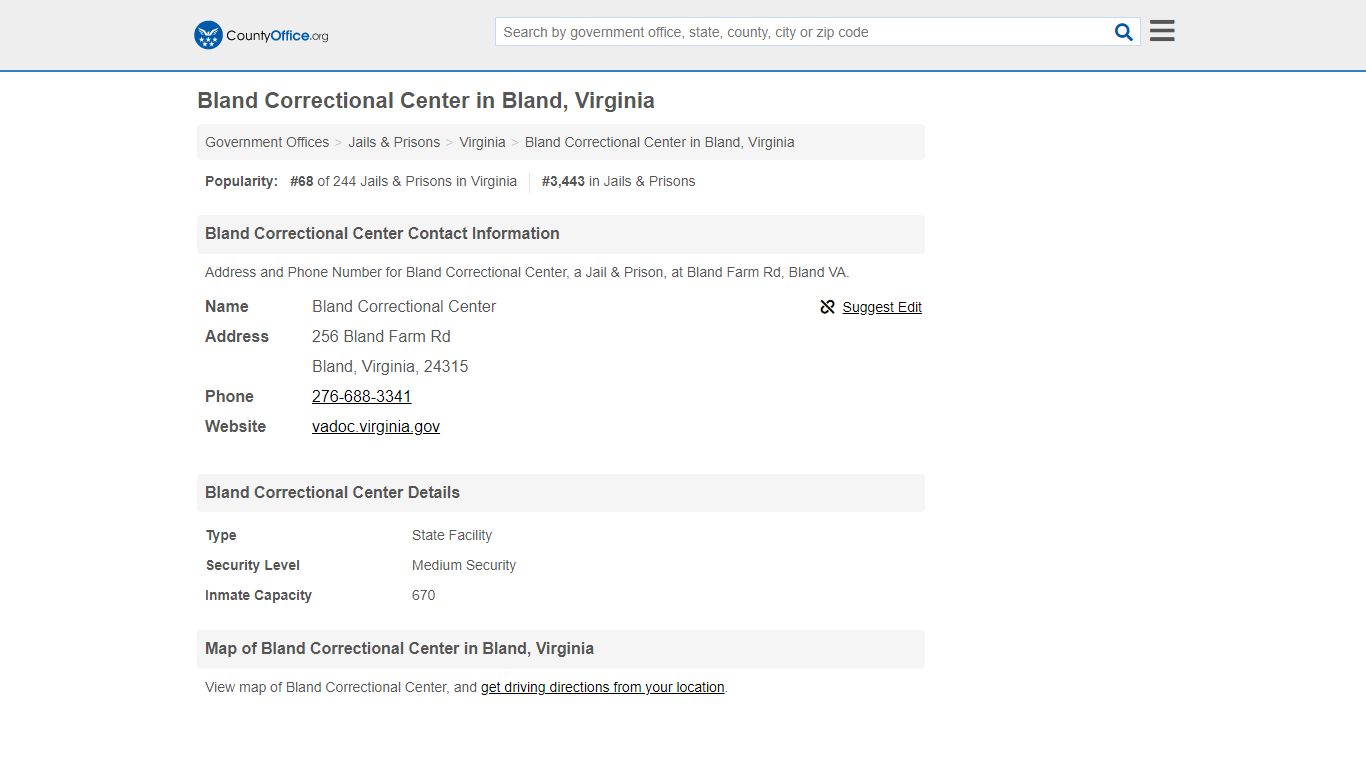 Bland Correctional Center - Bland, VA (Address and Phone) - County Office